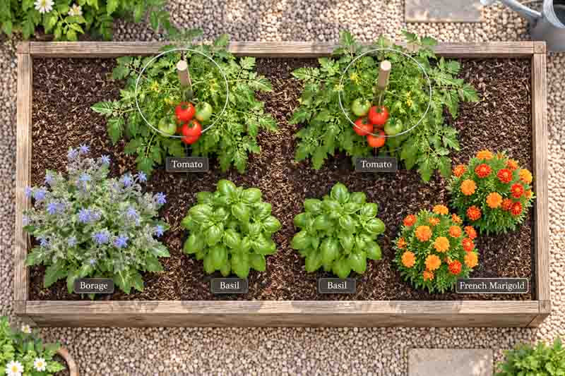 3 × 6 ft tomato garden planting plan with two tomatoes, two basil plants, borage, and French marigolds