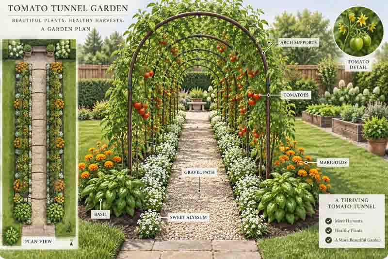 Tomato tunnel garden with Sungold tomatoes, basil, sweet alyssum, and French marigolds