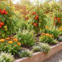 A Colorful Raised Bed Tomato Garden with Borage, Calendula, Sweet Alyssum, Basil, and Dill
