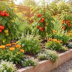 A Colorful Raised Bed Tomato Garden with Borage, Calendula, Sweet Alyssum, Basil, and Dill