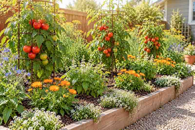 A Colorful Raised Bed Tomato Garden with Borage, Calendula, Sweet Alyssum, Basil, and Dill
