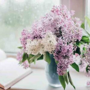 Bouquet of lilacs in a vase,cup of coffee and books on the windowsill
