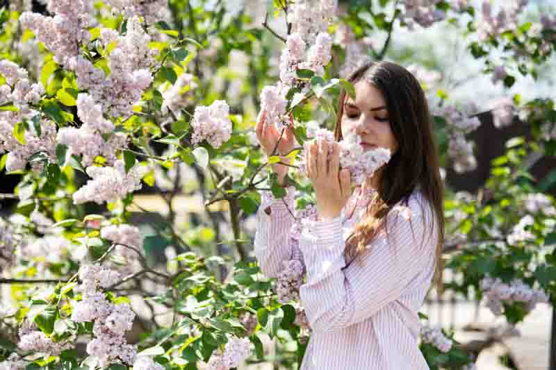 Young beautiful brunette woman in shirt near lilac tree.