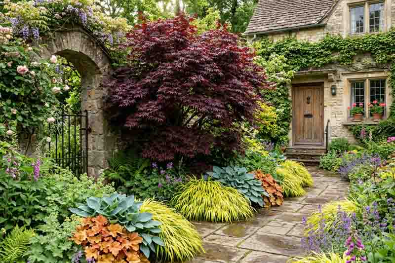 A Burgundy and Gold Front Garden, Acer palmatum 'Bloodgood', Hakonechloa macra 'Aureola', Hosta 'Halcyon', Heuchera 'Caramel'