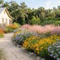 A Colorful Florida Native Butterfly Border with Coreopsis leavenworthii, Stokesia laevis, Salvia coccinea, Muhlenbergia capillaris