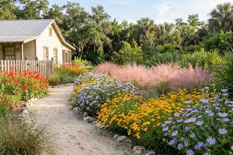 A Colorful Florida Native Butterfly Border with Coreopsis leavenworthii, Stokesia laevis, Salvia coccinea, Muhlenbergia capillaris
