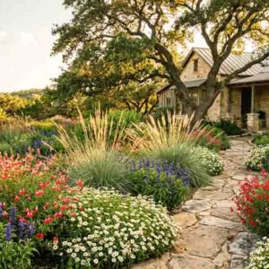 A Colorful Texas Hill Country Garden for Hot, Dry Summers with Salvia greggii, Salvia farinacea, Melampodium leucanthum, Muhlenbergia lindheimeri