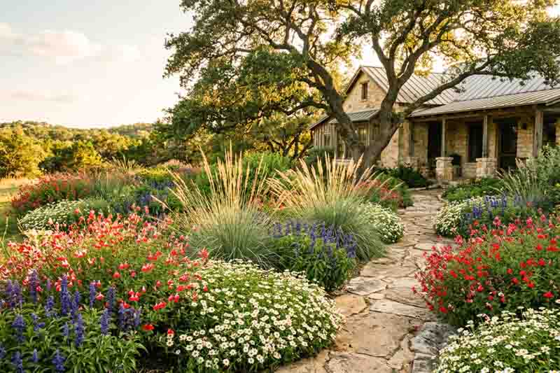 A Colorful Texas Hill Country Garden for Hot, Dry Summers with Salvia greggii, Salvia farinacea, Melampodium leucanthum, Muhlenbergia lindheimeri