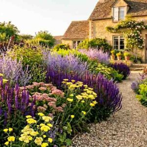 A Heat-Loving, Low-Water Perennial Border with Salvia yangii (Russian sage), Achillea 'Moonshine', Salvia nemorosa 'Caradonna', Hylotelephium 'Autumn Joy'