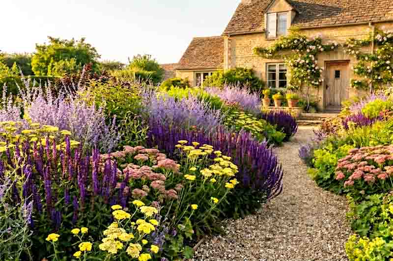 A Heat-Loving, Low-Water Perennial Border with Salvia yangii (Russian sage), Achillea 'Moonshine', Salvia nemorosa 'Caradonna', Hylotelephium 'Autumn Joy'