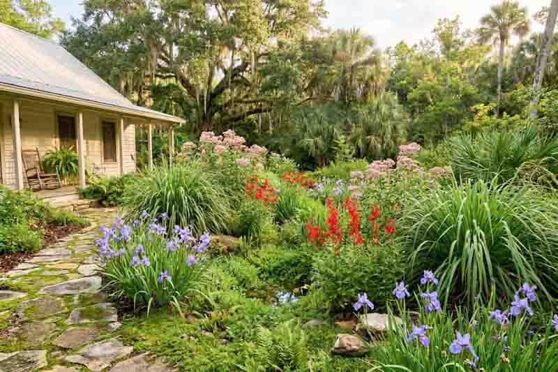A Lush Florida Native Rain Garden with Colorful Blooms, Iris virginica, Lobelia cardinalis, Asclepias incarnata, Tripsacum dactyloides