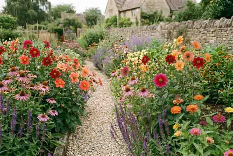 A Pollinator-Friendly Dahlia Garden with dahlias, Echinacea purpurea, Agastache foeniculum, Salvia nemorosa, and zinnias