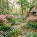 A Romantic Native Woodland Garden with Pink Azaleas. Rhododendron periclymenoides, Phlox divaricata, Heuchera americana, Polystichum acrostichoides