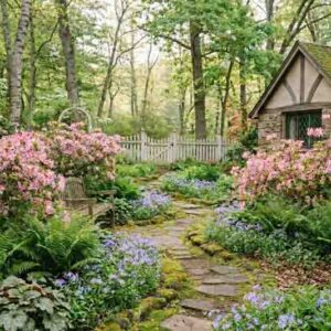 A Romantic Native Woodland Garden with Pink Azaleas. Rhododendron periclymenoides, Phlox divaricata, Heuchera americana, Polystichum acrostichoides