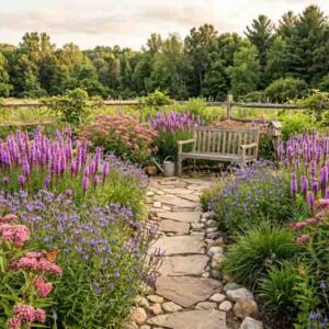 A Summer Meadow with Blazing Star and Milkweed. Liatris spicata, Asclepias incarnata, Verbena hastata, Carex stricta