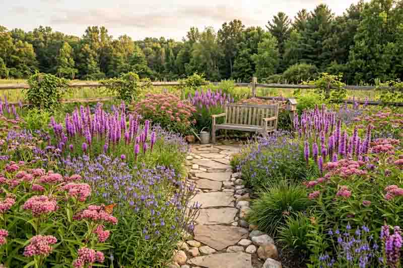 A Summer Meadow with Blazing Star and Milkweed. Liatris spicata, Asclepias incarnata, Verbena hastata, Carex stricta
