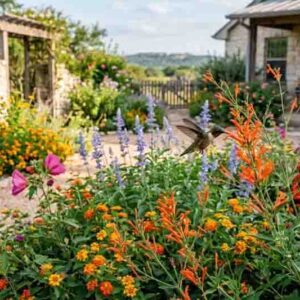 Texas Hummingbird Garden with Long-Lasting Color. Plants include Anisacanthus quadrifidus var. wrightii, Pavonia lasiopetala, Salvia farinacea, lantana urticoides