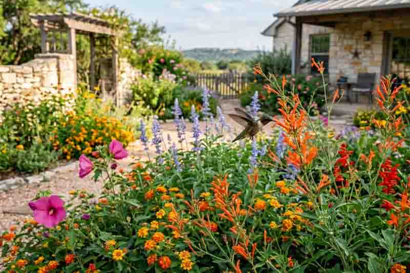 Texas Hummingbird Garden with Long-Lasting Color. Plants include Anisacanthus quadrifidus var. wrightii, Pavonia lasiopetala, Salvia farinacea, lantana urticoides