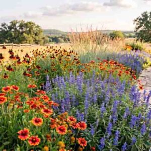 A Vibrant Texas Native Prairie Border for Pollinators withGaillardia pulchella, Ratibida columnifera, Salvia farinacea, Schizachyrium scoparium