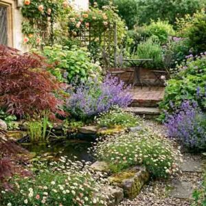 Romantic Cottage Garden with Acer palmatum Crimson Queen, Erigeron, Nepeta, Astilbe Rheinlandpng