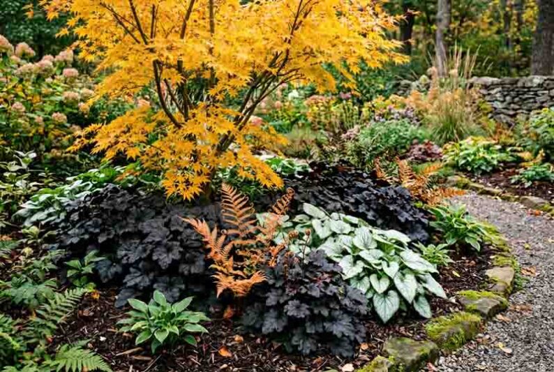 Golden Japanese Maple Woodland Garden with Acer palmatum 'Orange Dream', Heuchera 'Obsidian', Brunnera macrophylla 'Jack Frost', Dryopteris erythrosora