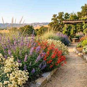 California Native Garden for Hot, Dry Summers, Salvia clevelandii, Epilobium canum, Eriogonum fasciculatum, Muhlenbergia rigens