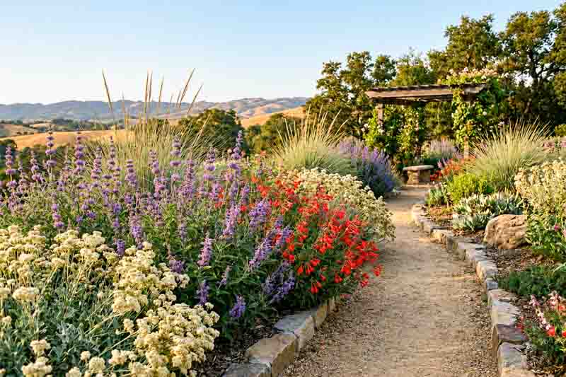 California Native Garden for Hot, Dry Summers, Salvia clevelandii, Epilobium canum, Eriogonum fasciculatum, Muhlenbergia rigens