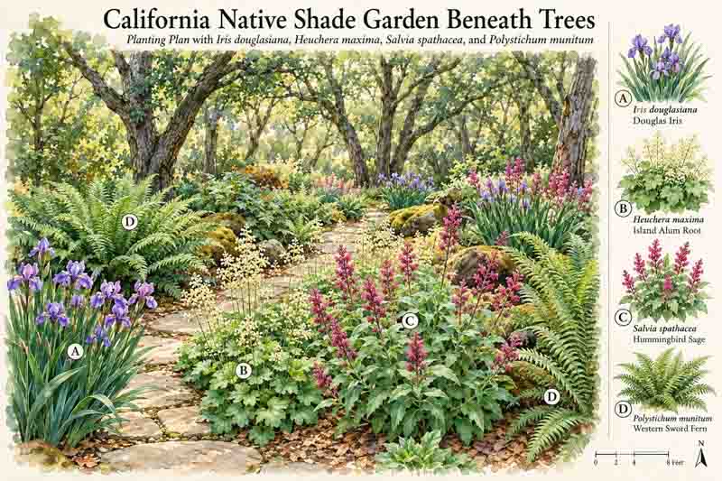 California native shade garden planting plan with Iris douglasiana, Heuchera maxima, Salvia spathacea, and Dryopteris arguta beneath mature trees