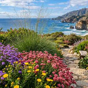 Colorful California Coastal Garden with Native Perennials. Plants include Verbena lilacina 'De La Mina', Eriogonum grande var. rubescens, Grindelia stricta, Muhlenbergia rigens