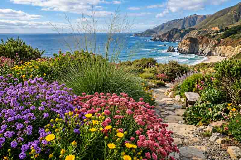 Colorful California Coastal Garden with Native Perennials. Plants include Verbena lilacina 'De La Mina', Eriogonum grande var. rubescens, Grindelia stricta, Muhlenbergia rigens