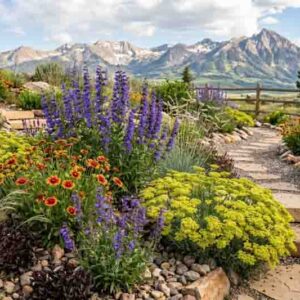 Colorful Colorado Mountain Garden for Dry, Sunny Sites. Plants include Penstemon strictus, Gaillardia aristata, Eriogonum umbellatum, Bouteloua gracilis