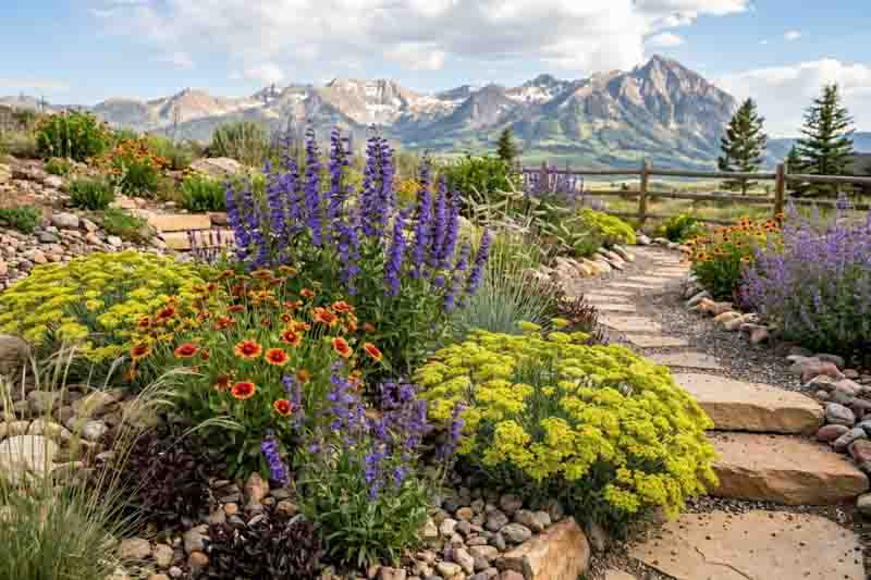 Colorful Colorado Mountain Garden for Dry, Sunny Sites. Plants include Penstemon strictus, Gaillardia aristata, Eriogonum umbellatum, Bouteloua gracilis