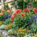 Colorful Dahlia Cottage Garden with Dahlia Gallery Art Deco,Salvia farinacea 'Victoria Blue', Zinnia angustifolia, and sweet alyssum