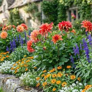 Colorful Dahlia Cottage Garden with Dahlia Gallery Art Deco,Salvia farinacea 'Victoria Blue', Zinnia angustifolia, and sweet alyssum