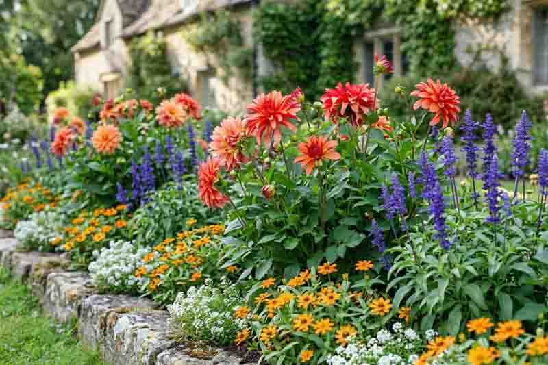 Colorful Dahlia Cottage Garden with Dahlia Gallery Art Deco,Salvia farinacea 'Victoria Blue', Zinnia angustifolia, and sweet alyssum