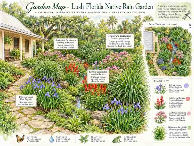 Watercolor planting map for a native rain garden featuring Southern Blue Flag, Cardinal Flower, Swamp Milkweed, and Eastern Gamagrass