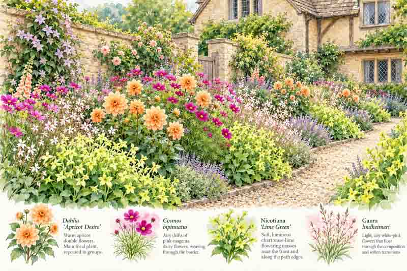 Garden Map English Cottage Garden with with dahlia, nicotinia, cosmos, gaura