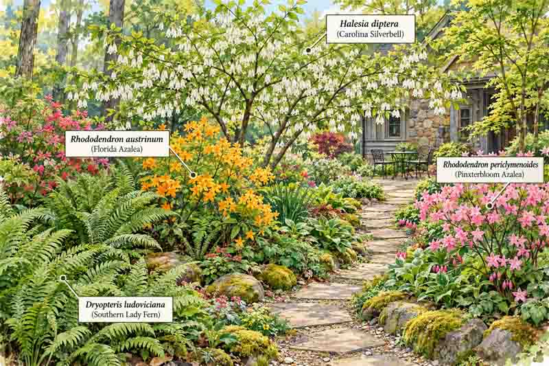 Garden Map for halesia diptera, rhododendron austrinum, rhododendron periclymenoides, dryopteris ludoviciana