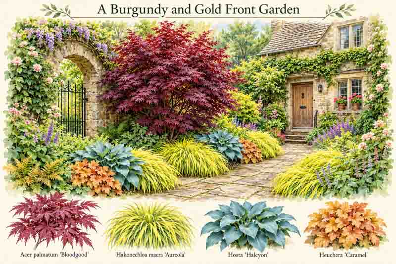Garden Plan, A Burgundy and Gold Front Garden, Acer palmatum 'Bloodgood', Hakonechloa macra 'Aureola', Hosta 'Halcyon', Heuchera 'Caramel'