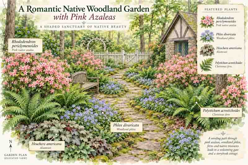 Garden Plan - A Romantic Native Woodland Garden with Pink Azaleas. Rhododendron periclymenoides, Phlox divaricata, Heuchera americana, Polystichum acrostichoides