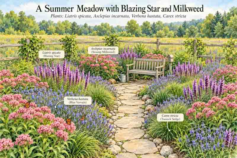 Garden Plan, A Summer Meadow with Blazing Star and Milkweed. Liatris spicata, Asclepias incarnata, Verbena hastata, Carex stricta