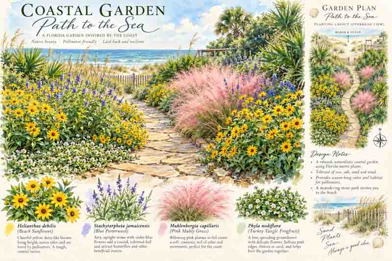 Garden Plan, A Sunny Florida Coastal Garden with Native Flowers. Plants include Helianthus debilis, Stachytarpheta jamaicensis, Muhlenbergia capillaris, Phyla nodiflora