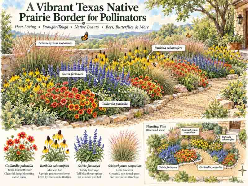Garden Plan, A Vibrant Texas Native Prairie Border for Pollinators withGaillardia pulchella, Ratibida columnifera, Salvia farinacea, Schizachyrium scoparium