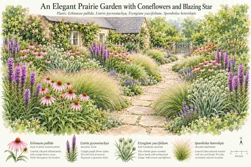 Garden Plan, An Elegant Prairie Garden with Coneflowers and Blazing Star. Echinacea pallida, Liatris pycnostachya, Eryngium yuccifolium, Sporobolus heterolepis