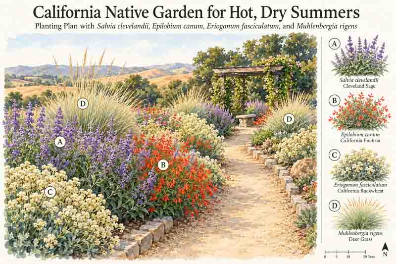 Garden Plan, California Native Garden for Hot, Dry Summers, Salvia clevelandii, Epilobium canum, Eriogonum fasciculatum, Muhlenbergia rigens