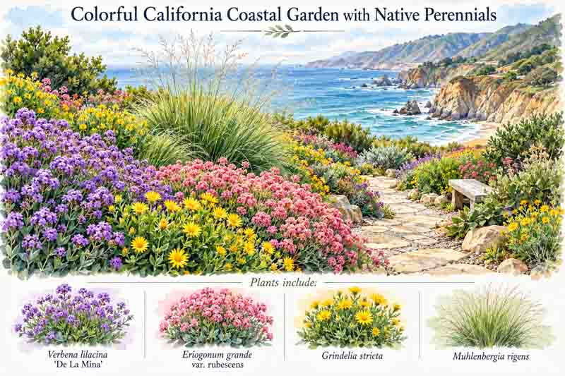 Garden Plan, Colorful California Coastal Garden with Native Perennials. Plants include Verbena lilacina 'De La Mina', Eriogonum grande var. rubescens, Grindelia stricta, Muhlenbergia rigens