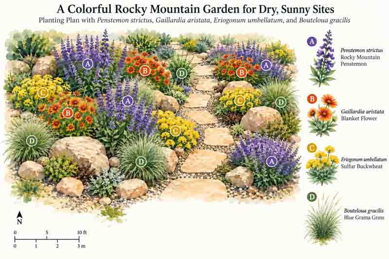 Garden Plan, Colorful Colorado Mountain Garden for Dry, Sunny Sites. Plants include Penstemon strictus, Gaillardia aristata, Eriogonum umbellatum, Bouteloua gracilis