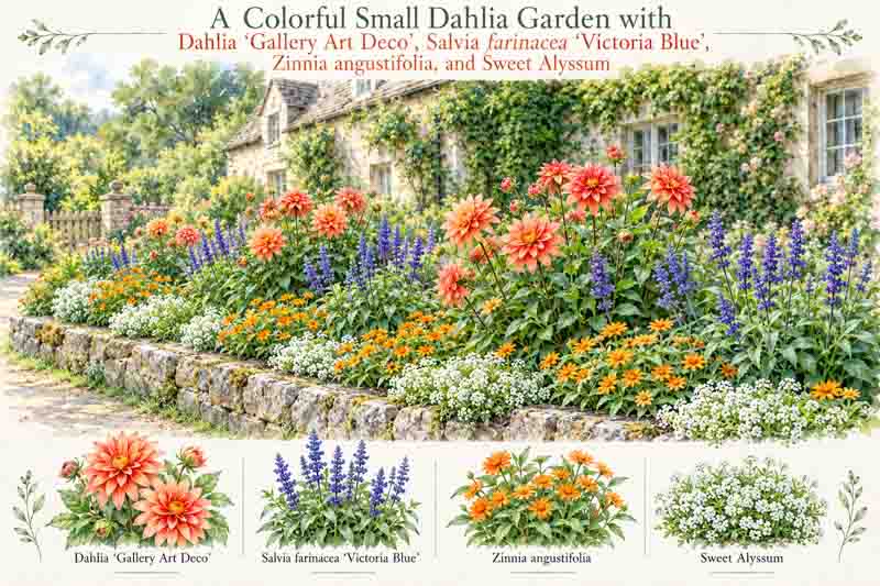 Garden Plan, Colorful Dahlia Cottage Garden with Dahlia Gallery Art Deco,Salvia farinacea 'Victoria Blue', Zinnia angustifolia, and sweet alyssum