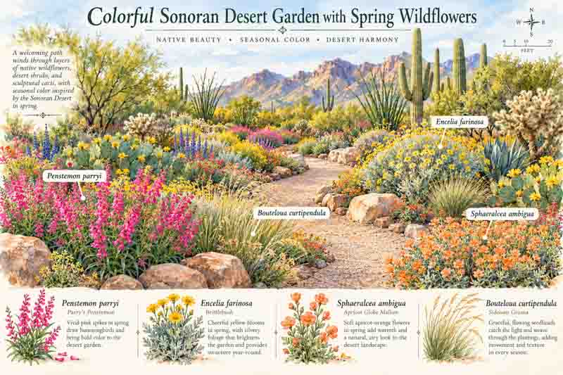 Garden Plan, Colorful Sonoran Desert Garden with Spring Wildflowers, Penstemon parryi, Encelia farinosa, Sphaeralcea ambigua, Bouteloua curtipendula