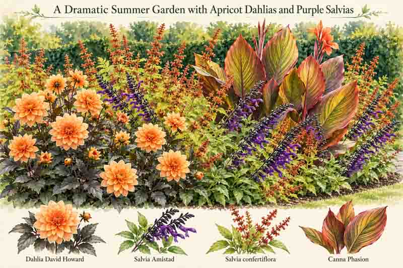 Garden Plan, Dramatic Summer Garden with dahlia 'David Howard', Salvia 'Amistad'', Salvia confertiflora and Canna Phasion